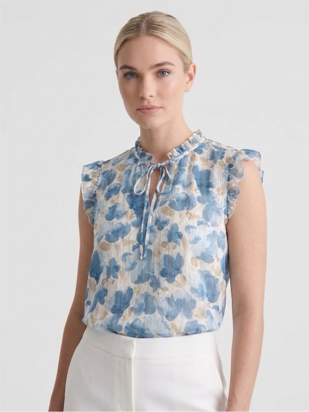 Tamara H. Women’s Blue/White/Beige Floral Chiffon Ruffle Tie Keyhole Blouse S